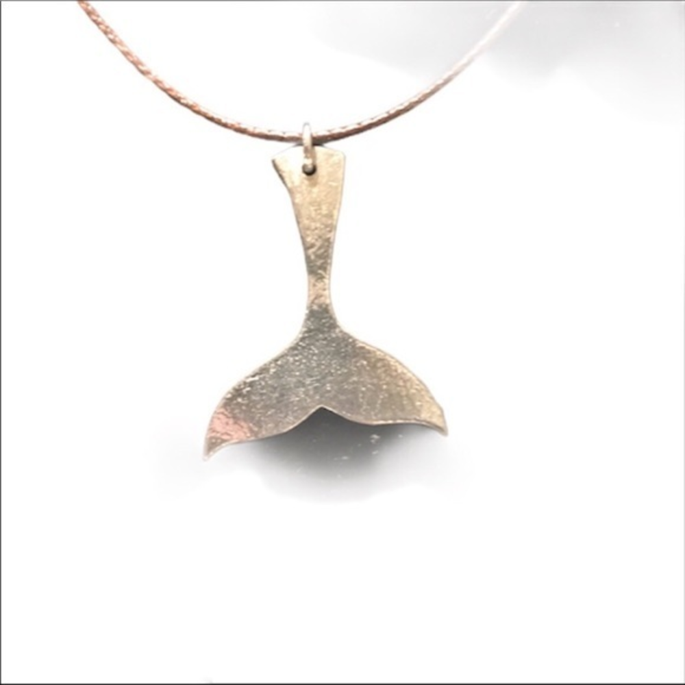 Handmade silver pewter‎ mermaid tail brown leather adjustable necklace